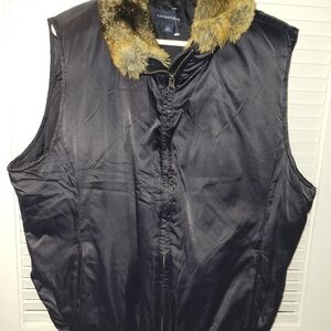 Lands' End Black Vest with Brown Faux Fur Trim